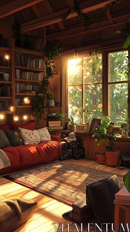 Digital painting of sunlit reading nook with warm rustic styling.