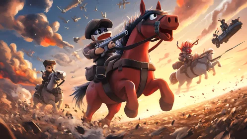 Cartoon cavalry charge storms battlefield under burning sky.