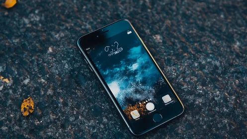 Smartphone Displaying Ocean Serenity Among Autumn Leaves.