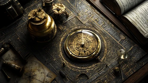 Brass astronomical navigator rests on ornate steampunk desk
