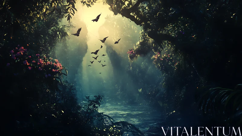 Mystic river gorge with luminous jungle canopy and bats.