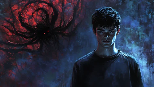 Brooding teen portrait under looming red void horror entity