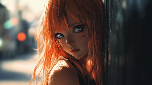 Sad orange haired anime girl leans against dark city wall