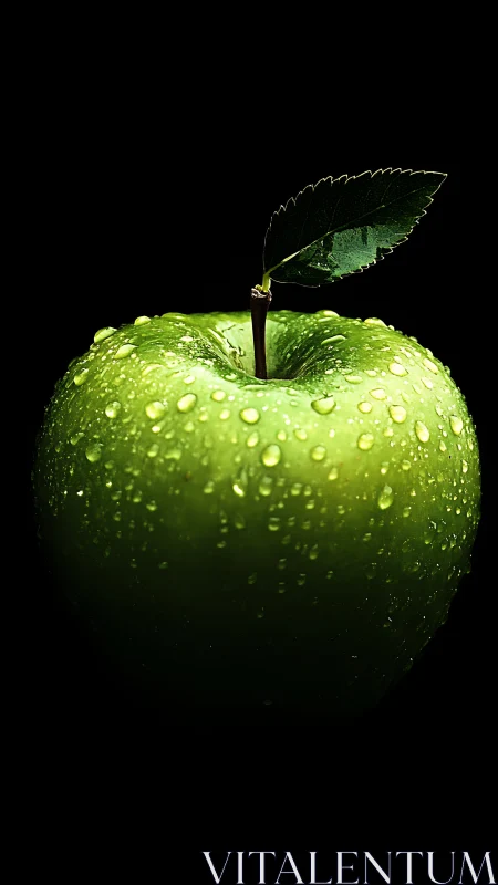 Macro close-up of dewy green apple against black background