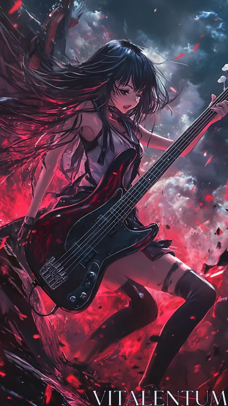 Female guitarist stands amid red energy and storm clouds