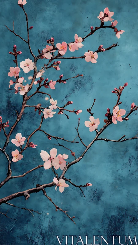 Cherry Blossoms Against Teal Textured Wall.
