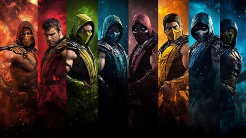 Masked warriors in segmented fiery and icy portraits.