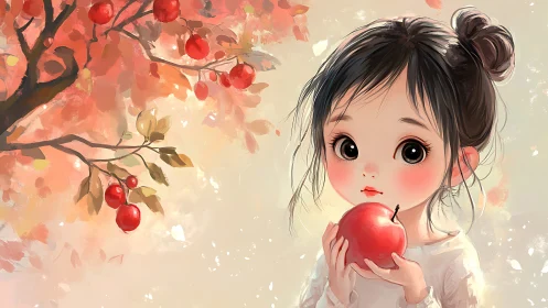 Soft autumn light pauses on a girl cradling one bright apple