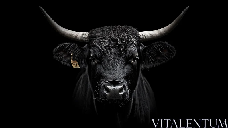 Black bull portrait with sweeping horns on dark field.