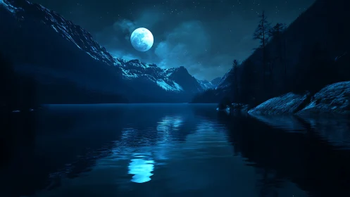 Full moon over mountain lake with reflective blue lighting.