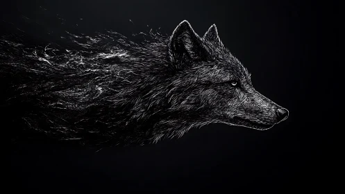 Silver-threaded wolf dissolves into swirling night currents