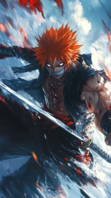 Battle-ready anime swordsman with intense expression.