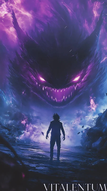 Silhouetted warrior confronts vast glowing purple demon.