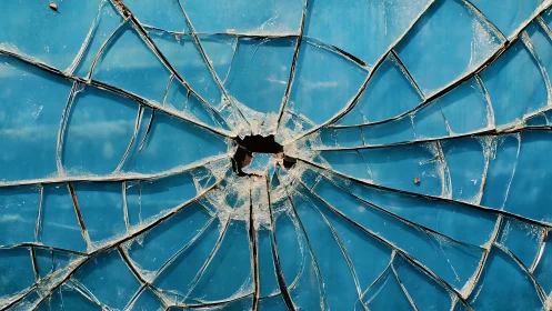 Radial fracture pattern spreads across shattered blue glass