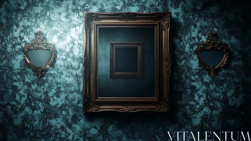Ornate nested frames on patterned teal wall surface.