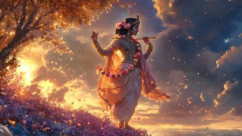 Divine flute player in ornate attire against sunset sky.