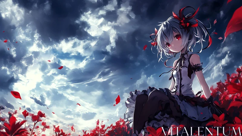 Anime girl in red flower field under dramatic cloudy sky.