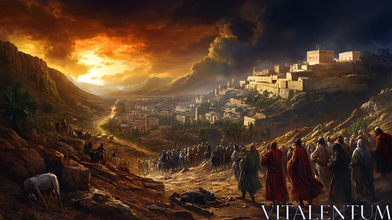 Pilgrims at the burning horizon of an ancient hill fortress.