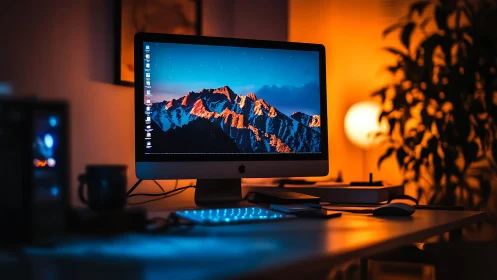 Backlit desktop workstation with vivid mountain display.