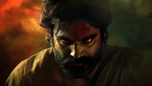 Intense warrior portrait stares through smoky dusk light