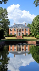 Brick estate house with pond reflection and landscaped lawn.