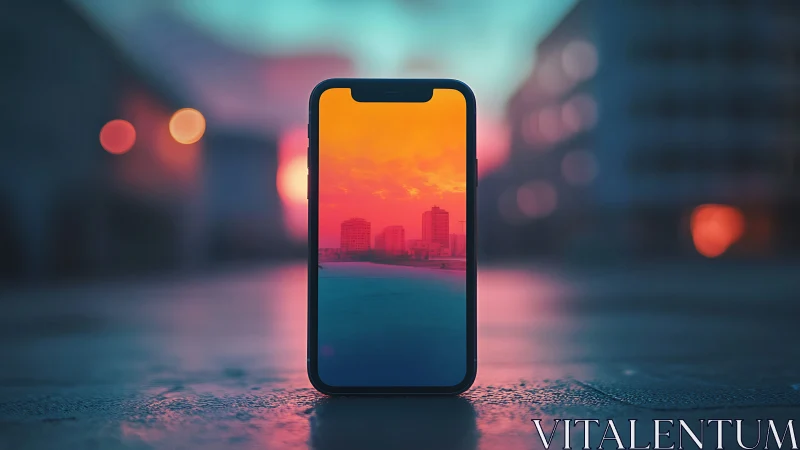Smartphone frames neon sunset cityscape on wet street.