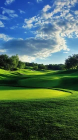 Golf course green and fairway sit under partly cloudy sky