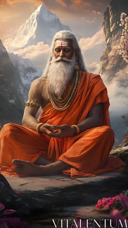 Mountain sage in orange robes in luminous meditative stillness.