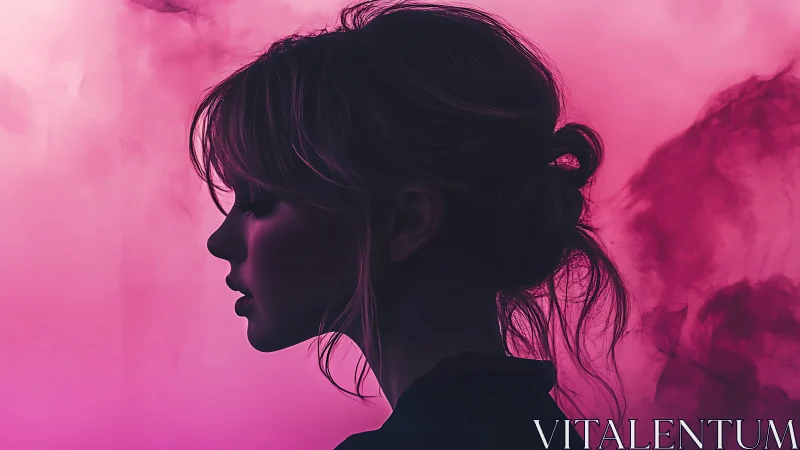 High-contrast female profile silhouette against magenta vapor field