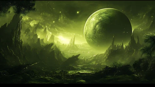 Distant green planet dominates a jagged alien landscape