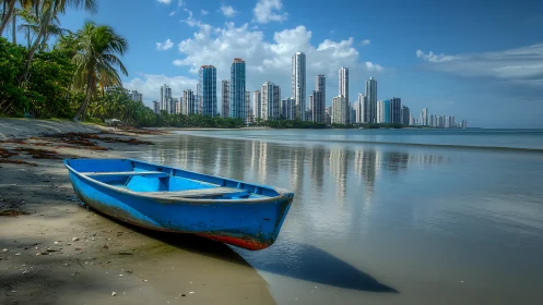 Blue rowboat on quiet tropical beach facing modern skyline.