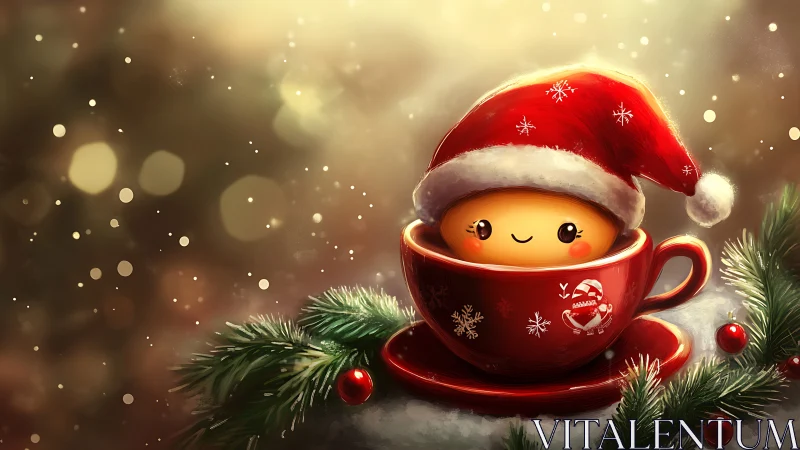 Chibi holiday character in glossy red teacup with soft bokeh lighting