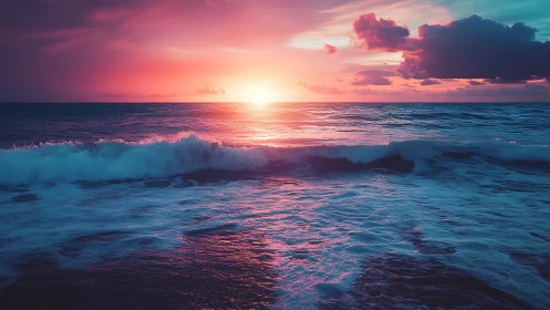 Ocean horizon with waves under vivid sunset sky view.