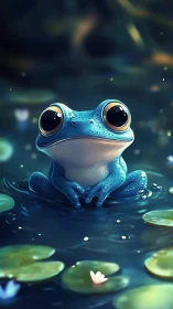 Wide-eyed blue frog rests among glowing lily pads at dusk