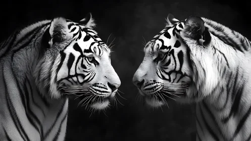 Two White Tigers Face Each Other in Striking Profile