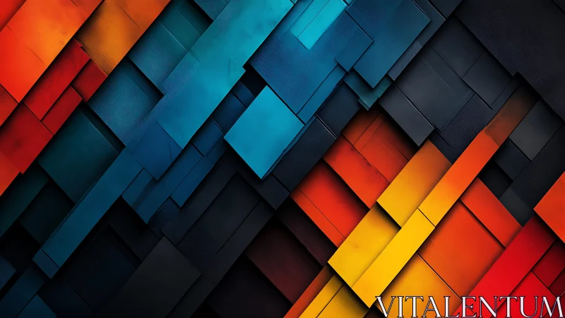 Bold geometric abstract art with vibrant blue, orange, and yellow hues.