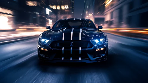 Midnight muscle car charges through neon city streets.