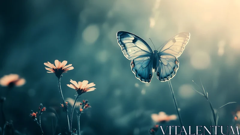 Butterfly in soft backlight above small wildflowers.