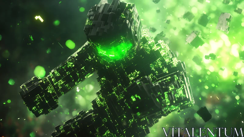 Neon voxel guardian dives through a storm of digital shards.