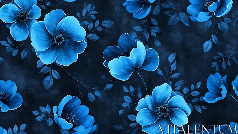 Luminous Blue Blooms Dance Across Midnight Canvas.
