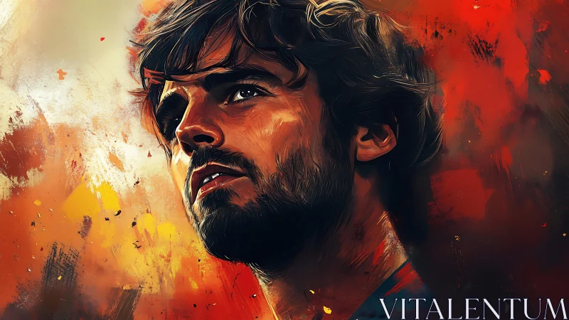 Intense male portrait against vivid abstract red field.