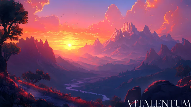 Sunlit valley path winding toward glowing fantasy peaks.