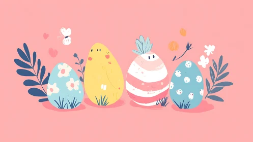 Pastel Easter eggs and chick stand against soft pink background