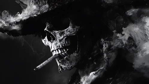 Smoldering skull cowboy in dark monochrome smoke portrait.