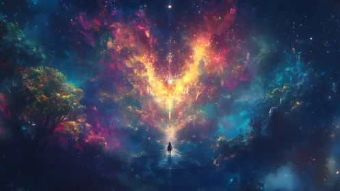 Solitary figure under nebular sky in luminous cosmic forest