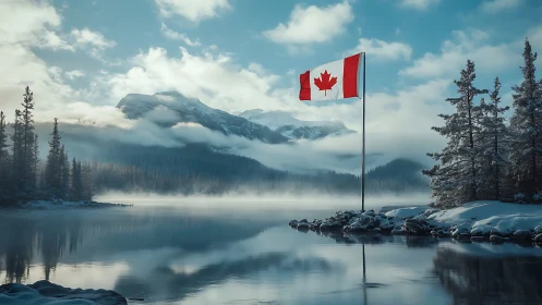 Canadian flag over misted alpine lake with snow-laden conifers
