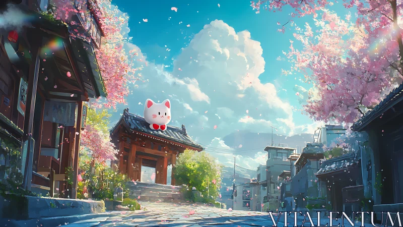 Sakura-lined street with floating maneki-neko under spring sky.