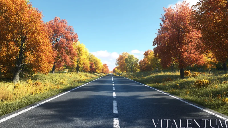 Endless rural highway framed by vivid autumn foliage.