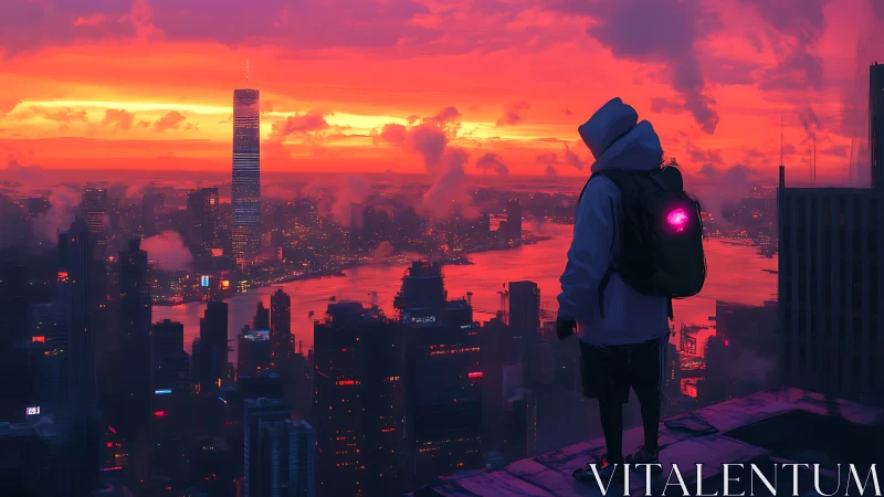 Hooded beacon over neon dusk skyline, scouting tomorrow’s glow.