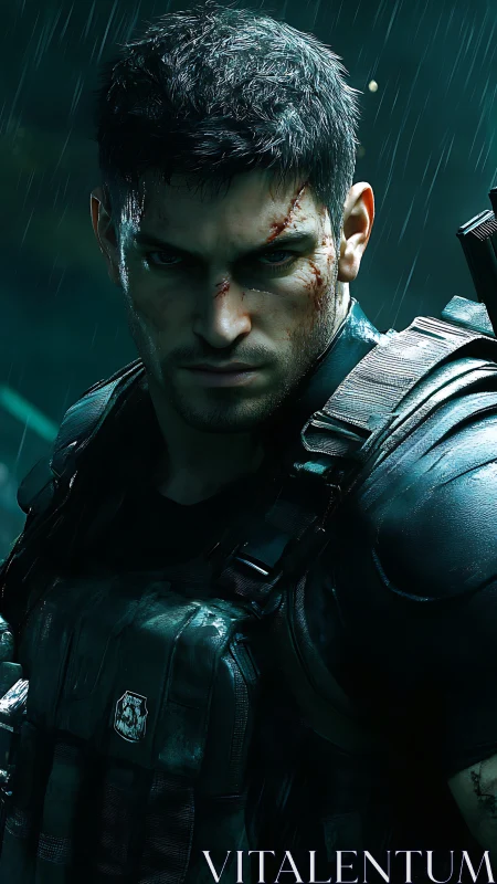 Armored male figure stands in rain with illuminated profile